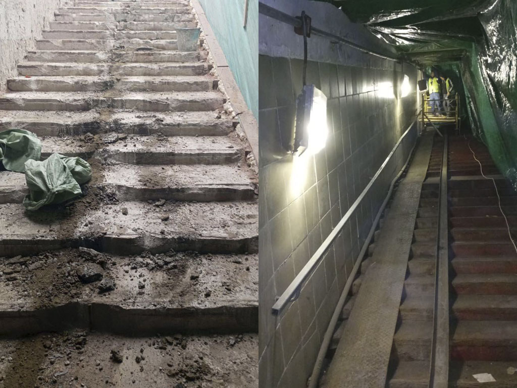 Облицовка бетонных ступеней лестниц в подземных переходах на Симферопольском шоссе